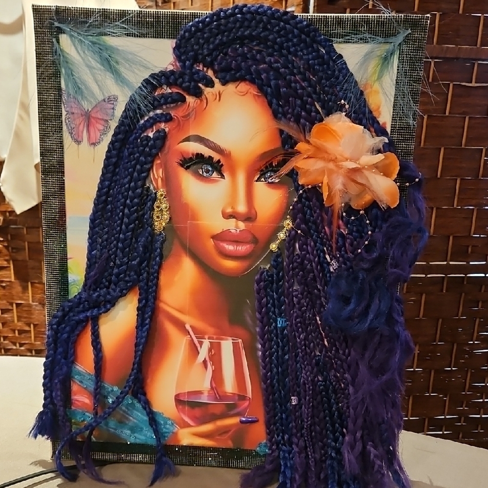 Vibrant Purple Braided Hair Art with Orange Flower